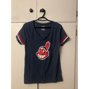 5th & Ocean Cleveland Indians T-Shirt V-Neck Baseball‎ Stripes Large